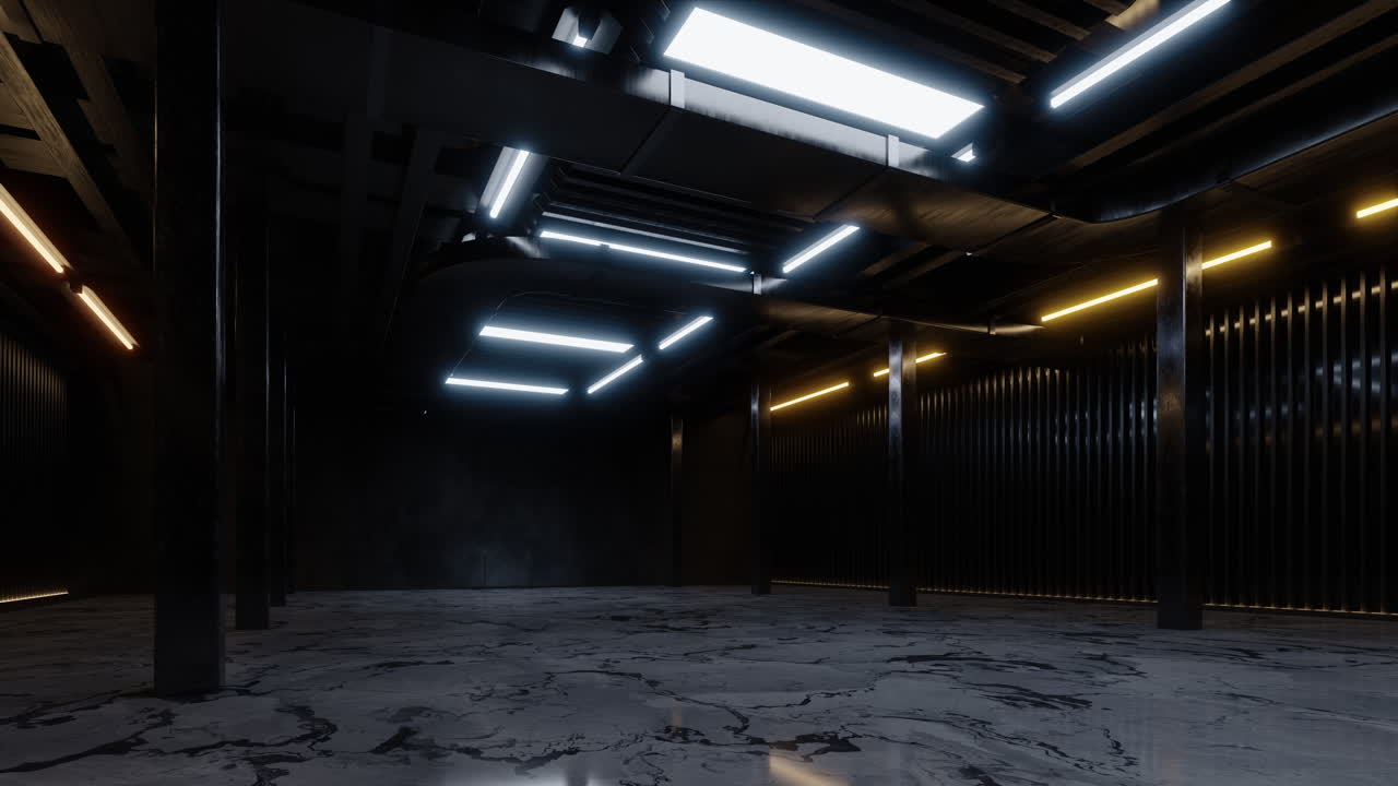 edificio oscuro con iluminación de neón, renderización en 3d.