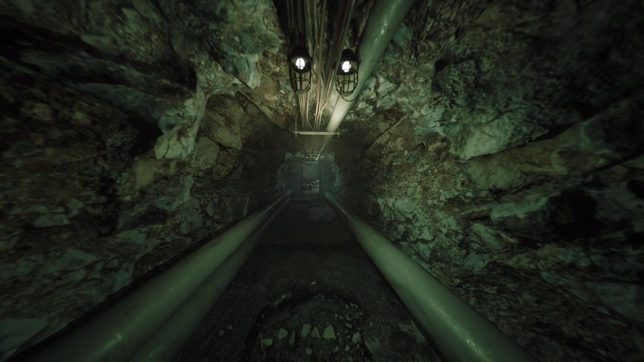 Enclosed mossy passage with pipelines and faint glow in distance