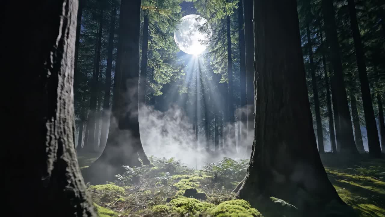 Mystical Forest Scene with Moon and Fog
