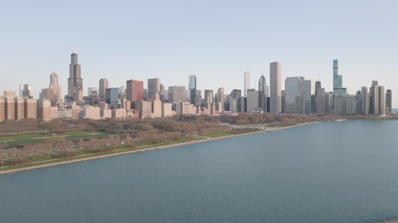 Aerial view of the Chicago Loop and Millennium Park on a spring morning.