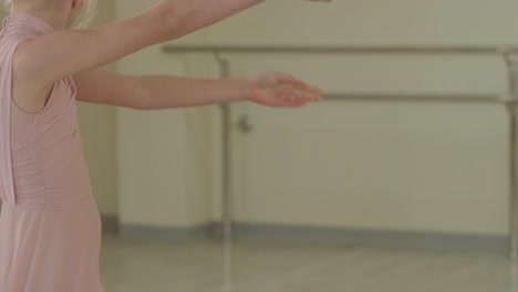 검은색 댄스웨어를 입은 젊은 발레 학생들이 나무 바닥과 벽에 장착된 바를 가진 넓은 발레 스튜디오에서 자세를 연습하는 그룹.