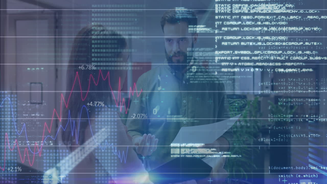 animación del procesamiento de datos financieros sobre diversas personas de negocios en la oficina