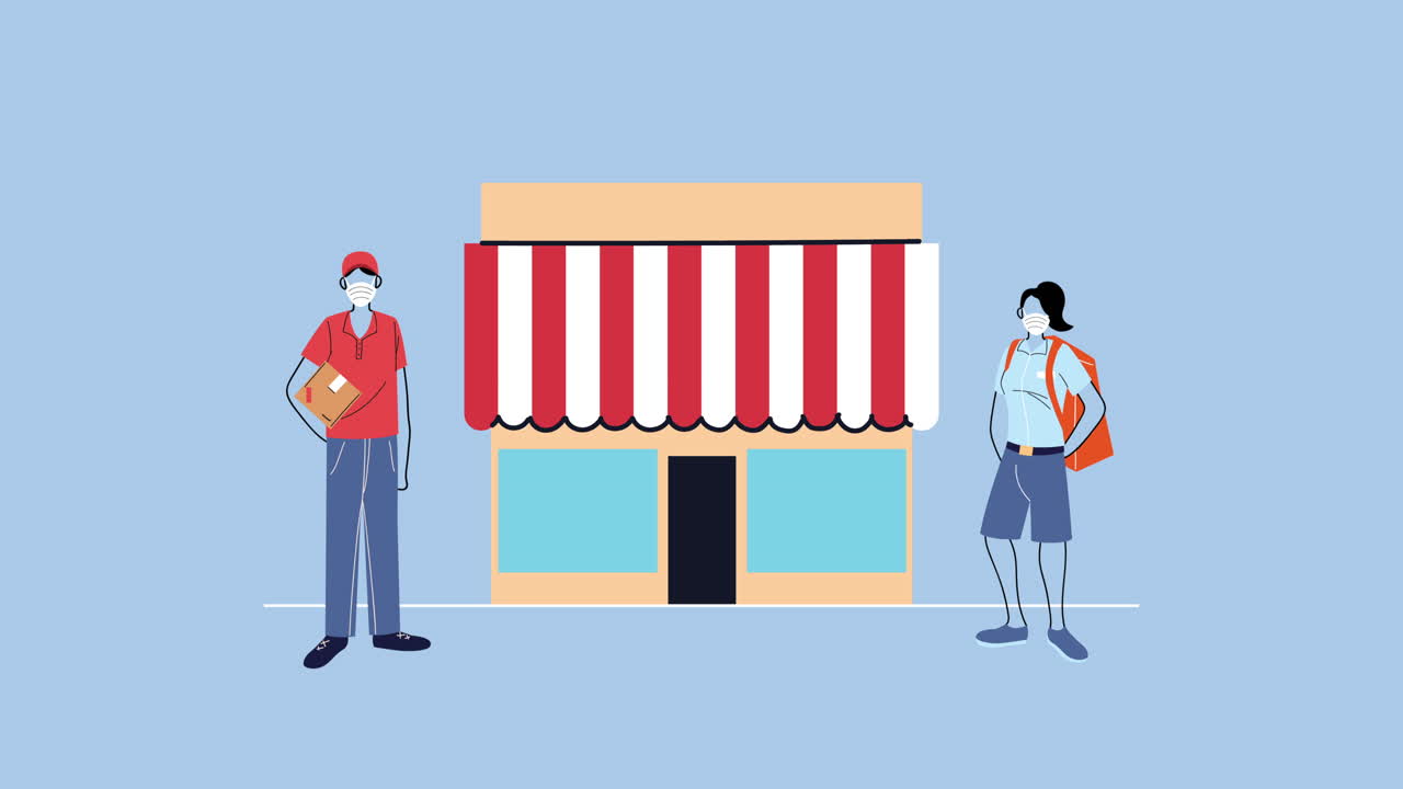 트럭 배달 서비스 애니메이션에서 상자와 가방을 가진 택배자