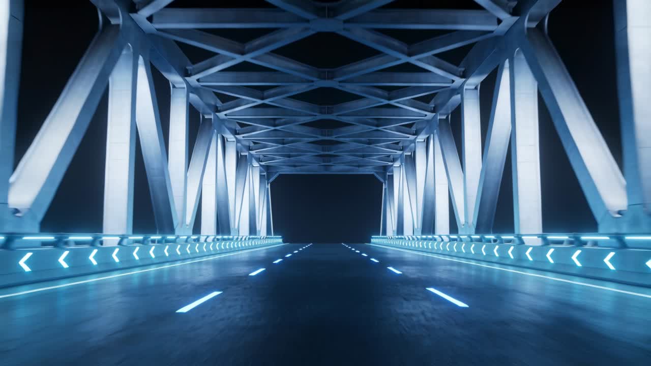 Telecamera che avanza cattura una strada di un ponte illuminata di notte, mostrando tralicci d'acciaio e chevron LED blu.