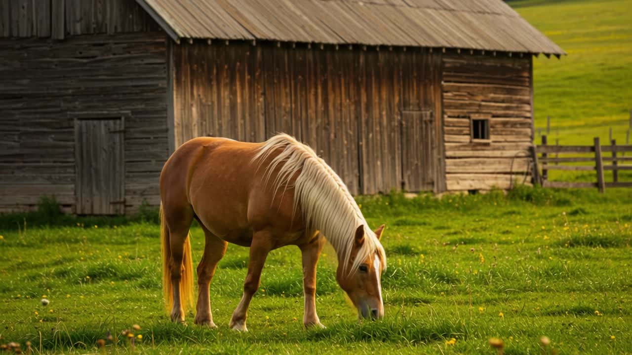 A Majestic Palomino Horse Grazing Gracefully in Lush Green Pasture Near a Rustic Barn, Capturing the Essence of Tranquil Rural Life and Natural Beauty