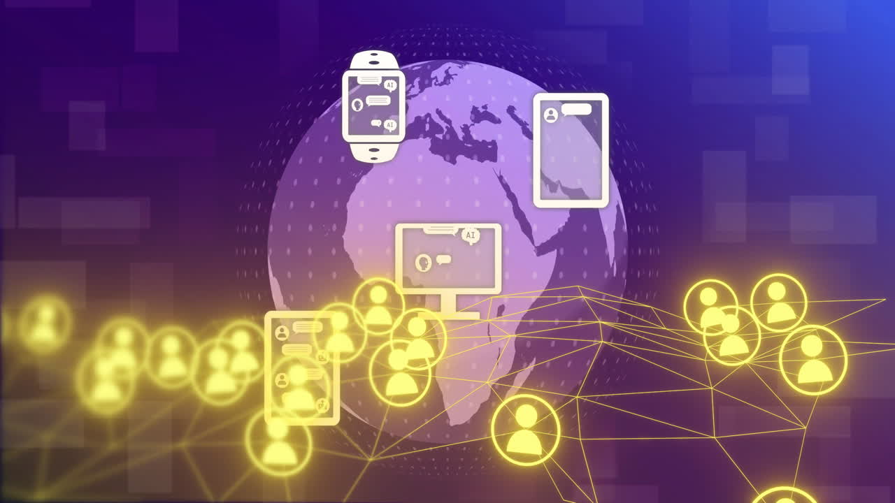 animación de la red de comunicación global a través de dispositivos digitales e iconos de usuario