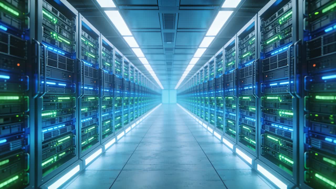 Starting at entrance, camera moving down datacenter aisle, showing server-racks with pulsing LEDs
