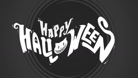 digital animation of happy halloween text over round black banner against grey background