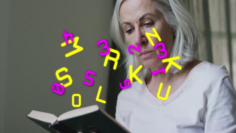 animation of letters and numbers changing over senior woman reading book in background