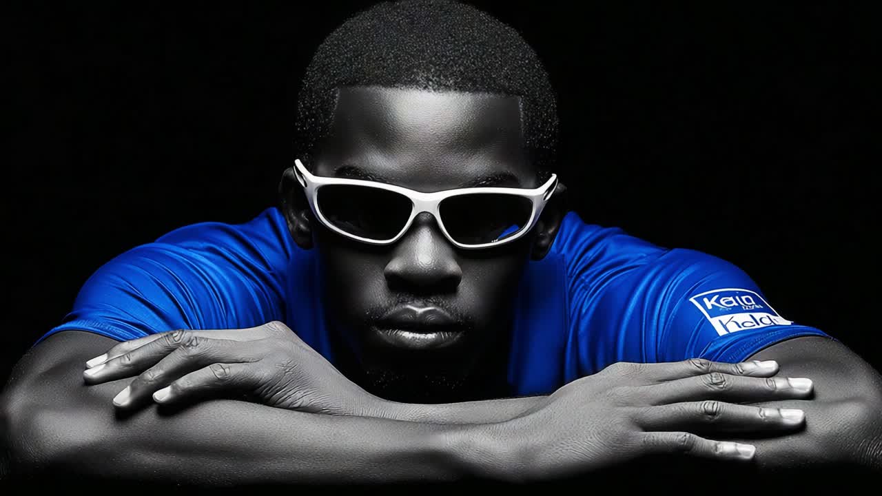 A striking monochrome portrait of a confident individual, showcasing an intense gaze while wearing stylish sunglasses and a blue shirt, revealing a powerful visual narrative in minimalistic aesthetics