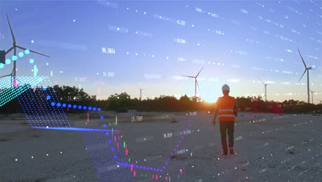 Ingenieur-Geht-Mit-Steigenden-Aktienkursen-Und-Digitalen-Grafiken-Auf-Einen-Windpark-Zu