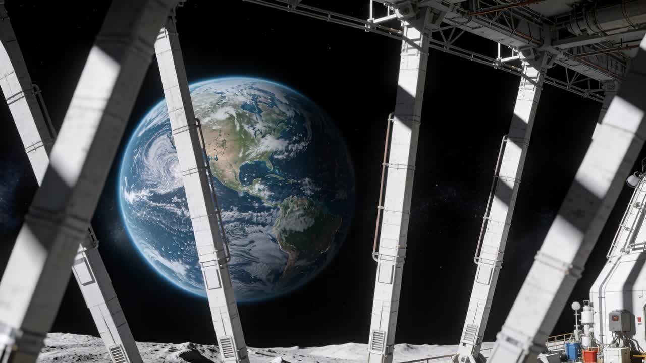 Telecamera che effettua una panoramica sulla baia della base lunare, con travi di supporto angolate che incorniciano la Terra per l'esplorazione spaziale.
