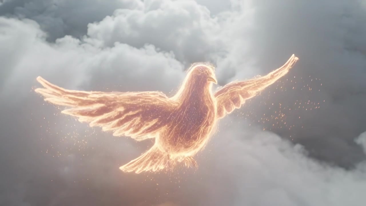 Brace luminosa che emerge, iniziando una scia infuocata all'interno di uno strato di nuvole grigie, formando un uccello luminoso che plana.
