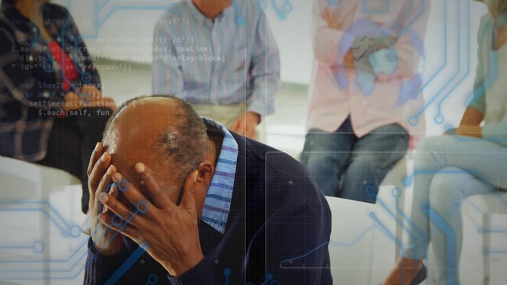 Uomo anziano ascolta in terapia, fuori campo, parla e si nasconde gli occhi con grafici di dati in sovrapposizione