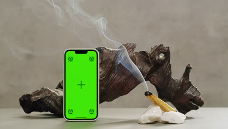 person holding palo santo wood stick in hand, aromatic palo santo burning on black background, smoke spreading around, slow motion video clip, high quality 4k close up footage. high quality 4k footage