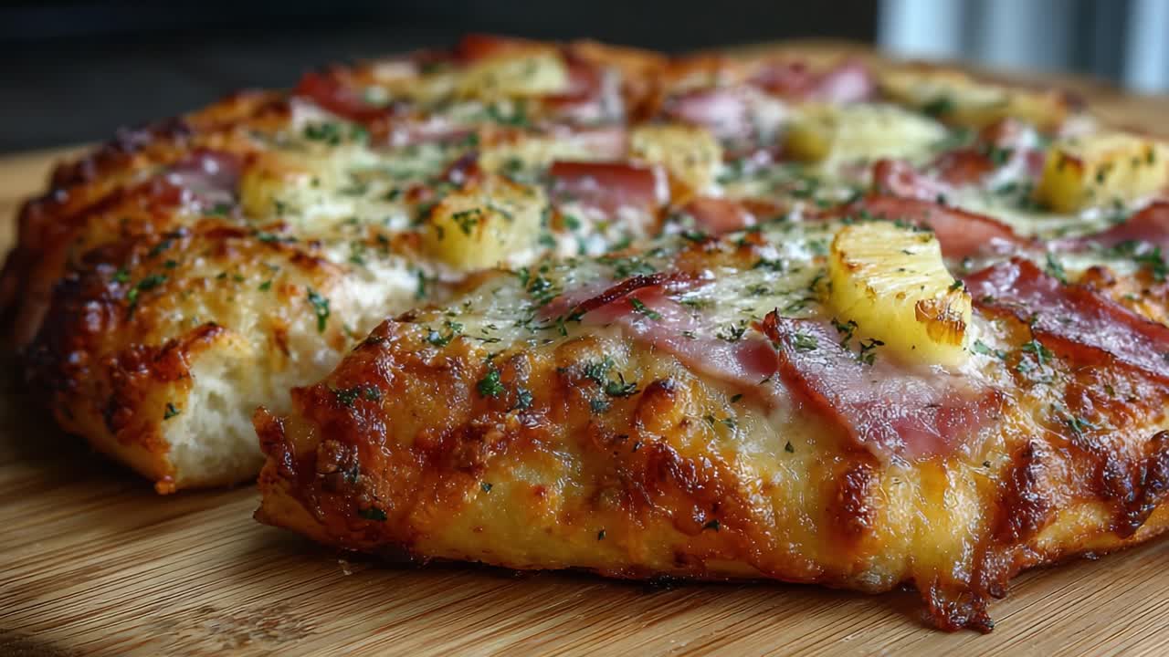 Pizza hawaiana deliziosamente cotta al forno con formaggio fuso, guarnizioni di ananas e prosciutto su un tagliere di legno rustico, pronta a soddisfare le tue voglie.