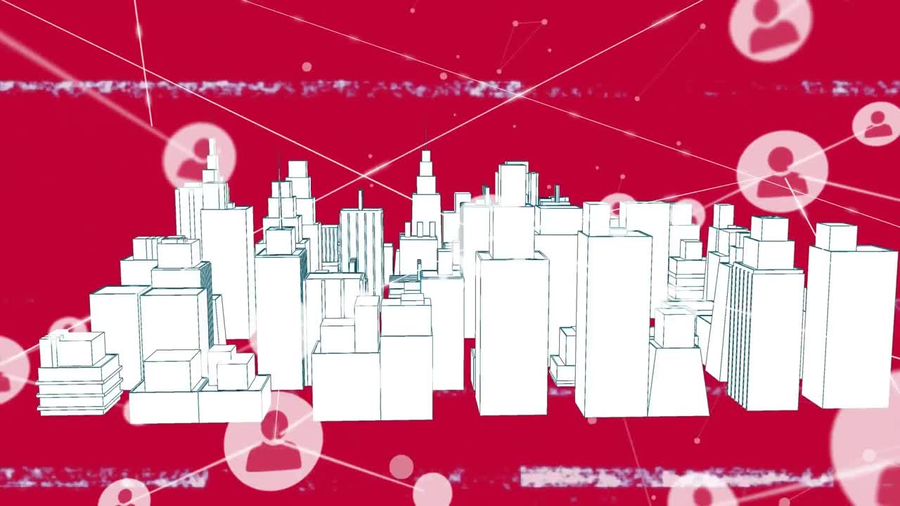 핑크색 배경에 3d 도시 모델을 회전시키는 프로필 아이콘 네트워크의 애니메이션.