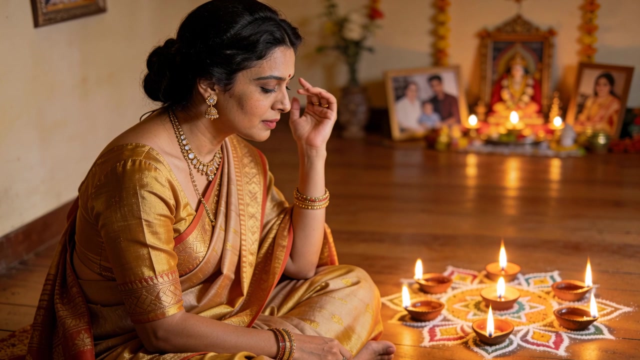 Gazing toward diyas on rangoli, woman in gold sari touching bindi and praying at home shrine