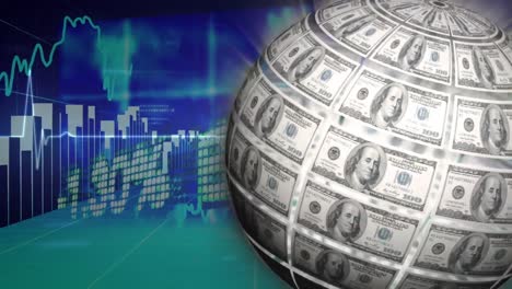 Animation-of-globe-formed-with-american-dollar-banknotes-over-financial-data-processing