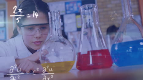 animation of mathematical equations over caucasian female student looking at vials in lab