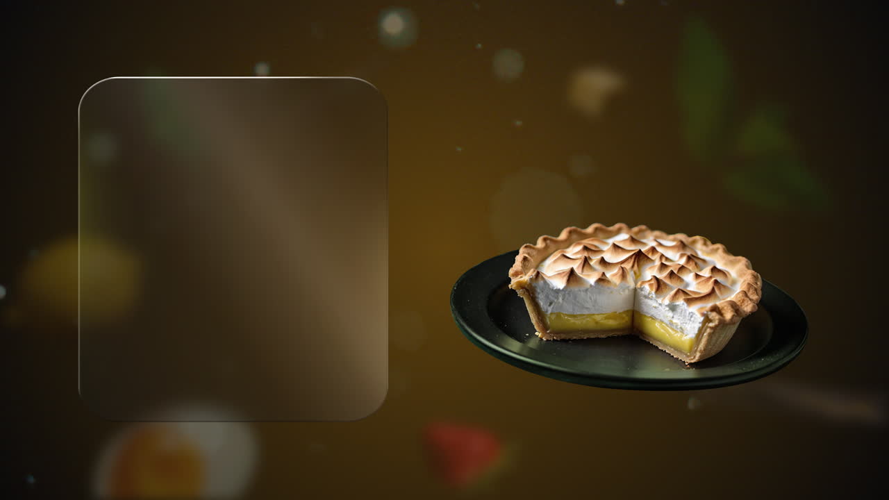 Lemon Meringue Pie with a missing slice ad in modern visual style – right-entry shot with floating elements and glass board for custom text