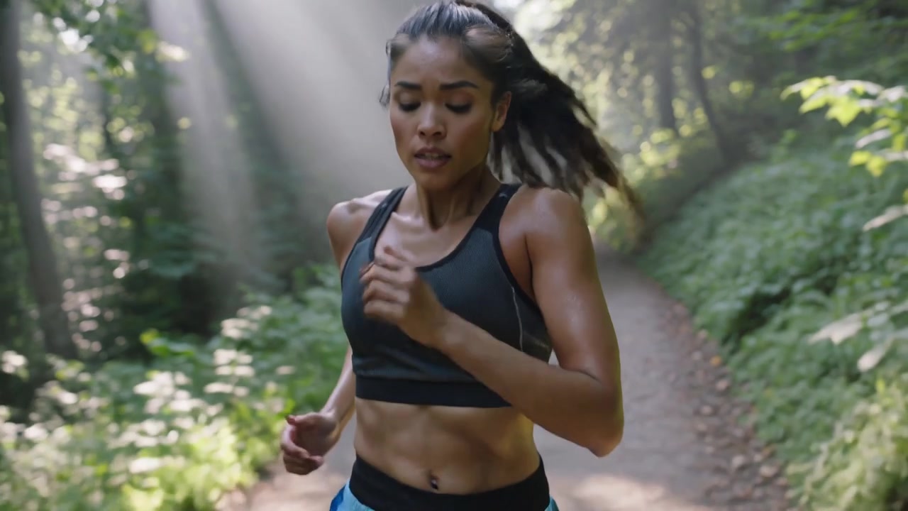 Donna determinata che corre al rallentatore lungo un sentiero soleggiato nel bosco