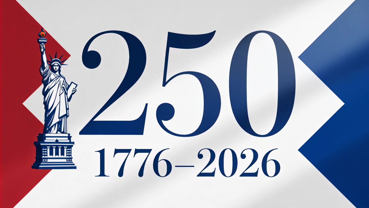 Animação revelando e centralizando 250 1776–2026 em uma bandeira Liberdade subindo, com chevrons vermelhos à esquerda ou azuis à direita ondulando