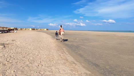 Joven-Caminando-En-Camello-Con-Una-Niña-Sentada-Encima