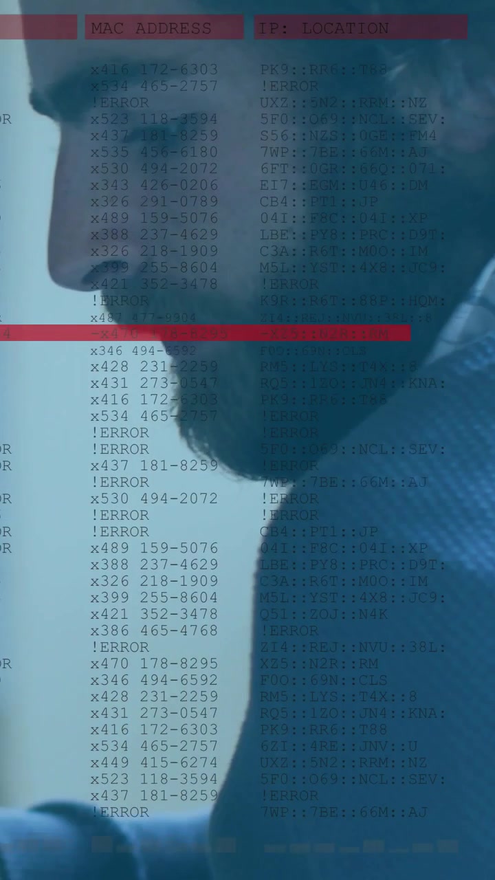 Vertical video: IT pro leaning at desk, tracking red scan bar in overlay diagnosing network errors