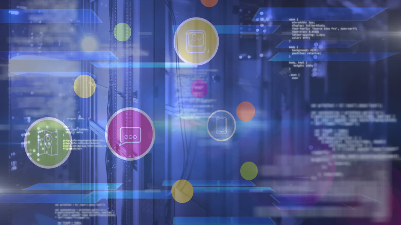 animación de iconos digitales y procesamiento de datos sobre el paisaje urbano
