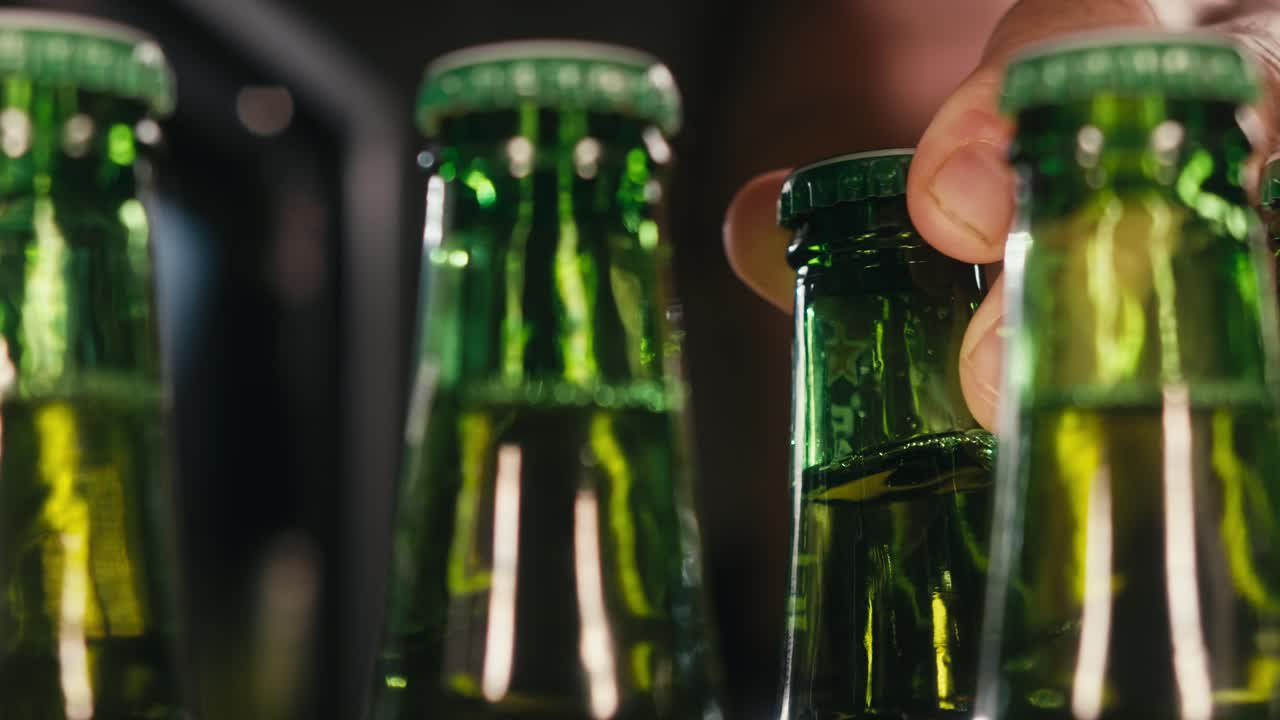 Row of beer bottles in fridge, shop or hotel, cold lager craft german beer or cider, shop supermarket or wine cooler close up.