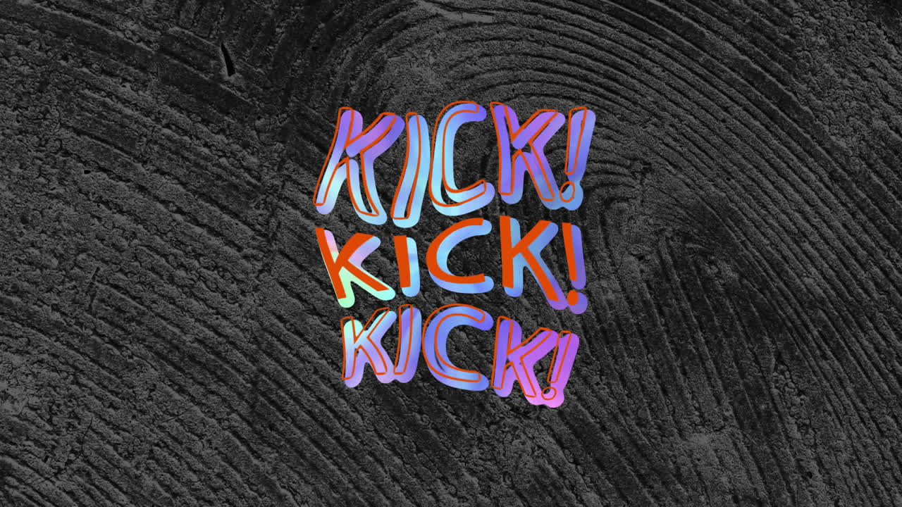 Animation of colourful kick text distorting over grey lined concrete texture background
