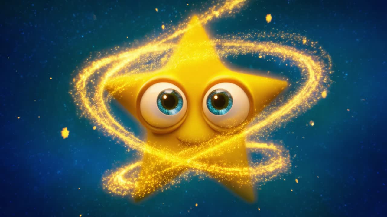 A cheerful yellow star character with big expressive eyes surrounded by swirling golden sparkles against a deep blue background, radiating joy and playfulness in a captivating animation frame