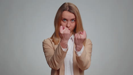 business woman showing fig negative gesture refusal sign rapacious avaricious acquisitive