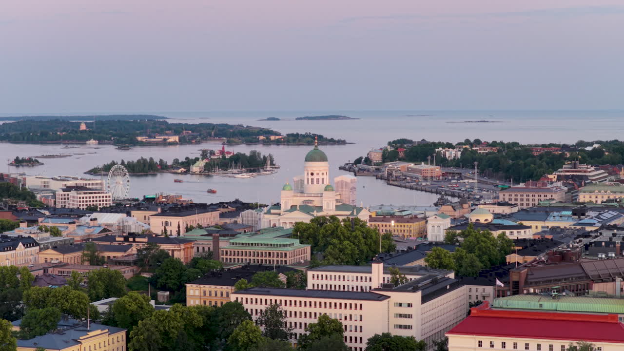 Aerial view orbiting the Helsinki cathedral, sunny, summer morning in Finland
