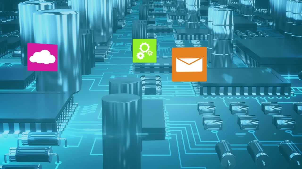 Animation of multiple digital icons against close up of a circuit board