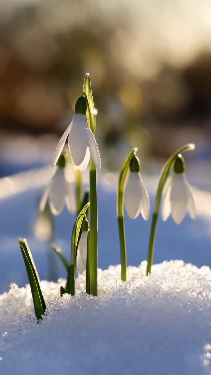 Video ravvicinato di bucaneve alla luce del sole, che cattura la loro delicata bellezza da un angolo basso
