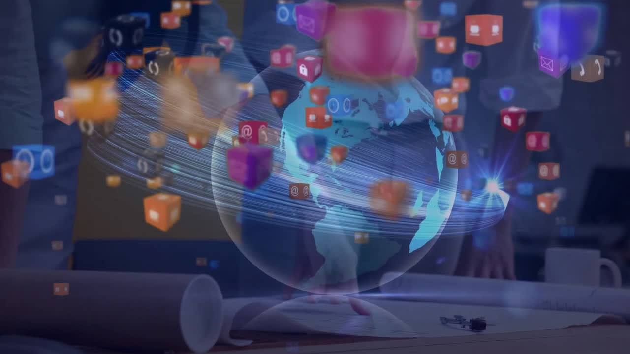 3d 아이콘의 애니메이션, 전 세계를 돌아다니는 렌즈 플레어, 다양한 엔지니어들이 층계획을 논의합니다.