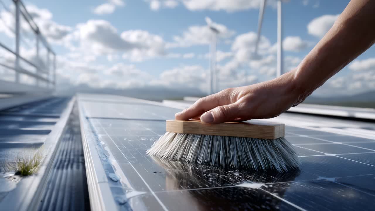 An individual diligently cleans solar panels on an expansive rooftop, ensuring optimal efficiency through maintenance. This crucial task highlights the importance of upkeep for renewable energy sources in sustainable environments
