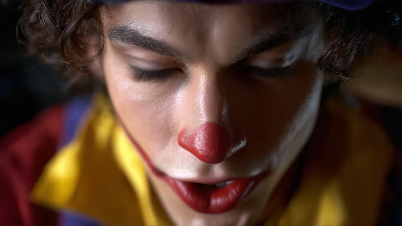 Ritratto accattivante di clown: un viaggio attraverso le emozioni in due fotogrammi di espressione e trasformazione, che mostrano le complessità del personaggio e della performance