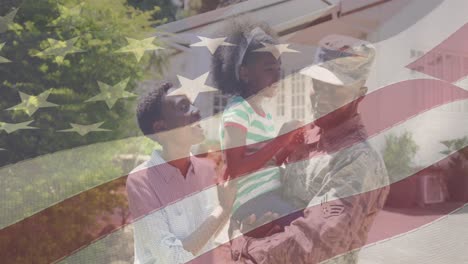 Animation-of-african-american-male-soldier-embracing-smiling-daughter-over-american-flag