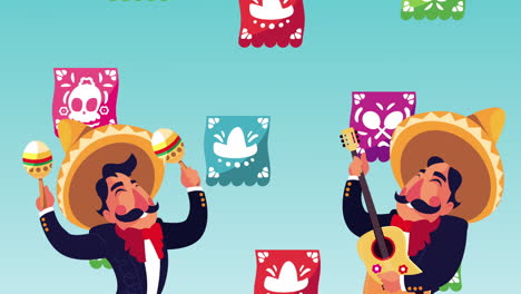 mexican mariachis playing guitar and maracas characters with garlands