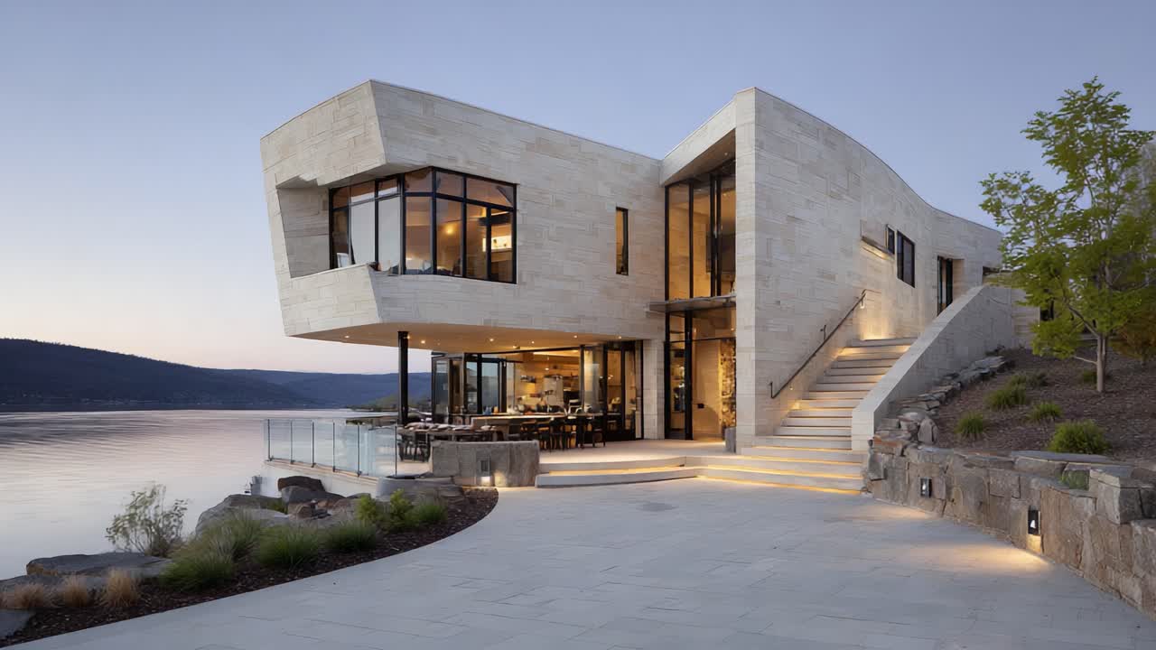 Benzersiz mimariye ve gün batımında gölün muhteşem manzaralarına sahip çağdaş göl evi, modern yaşam ve konforlu eğlenceler için tasarlandı