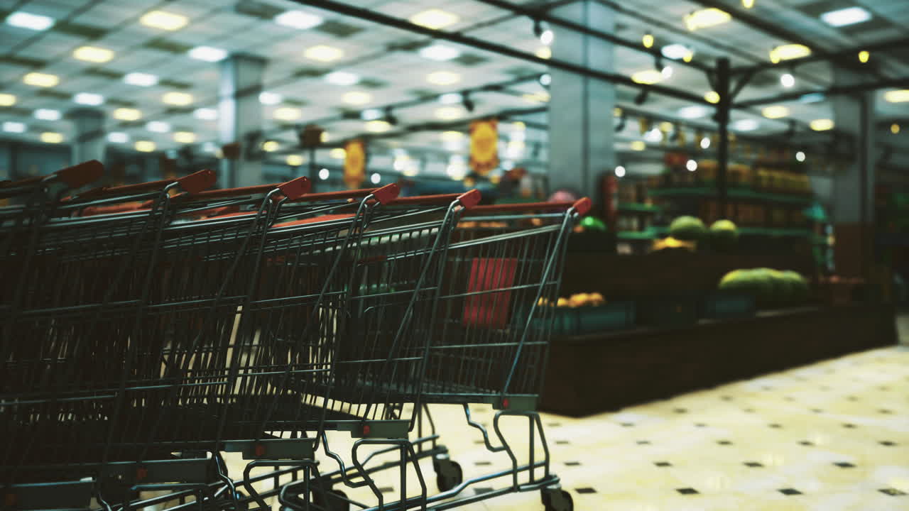 Shopping carts lined up in a grocery store aisle during a busy day
