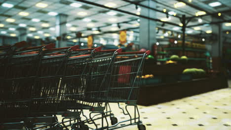 shopping carts lined up in a grocery store aisle during a busy day