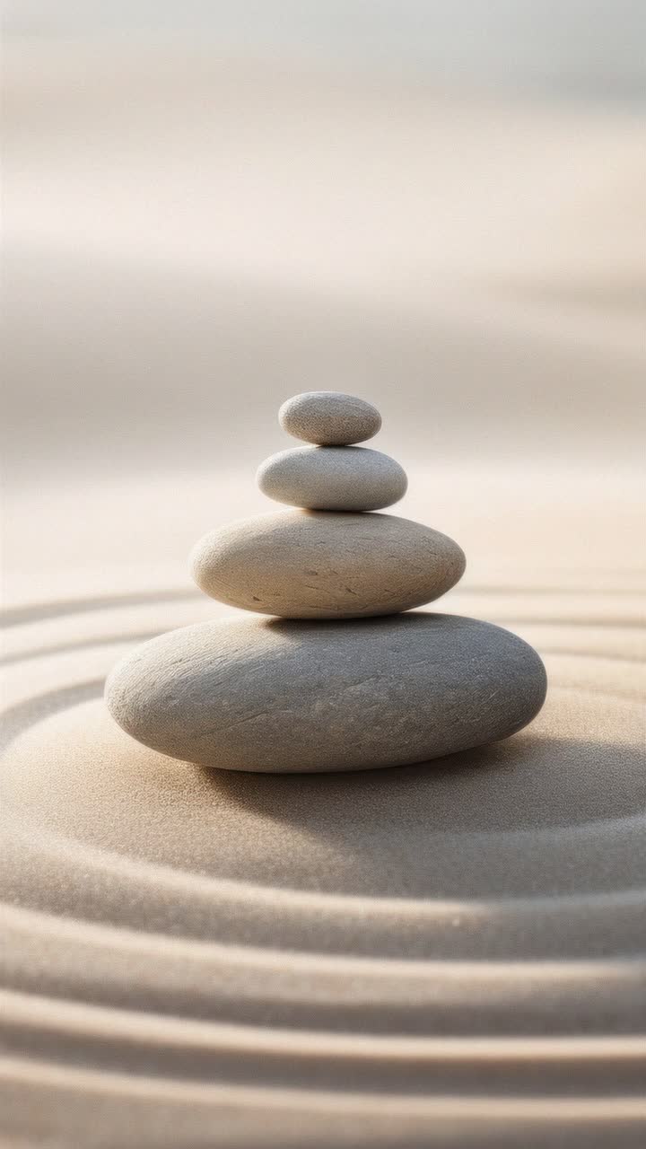 Zen stones stacked on sand with ripples, captured from a low angle