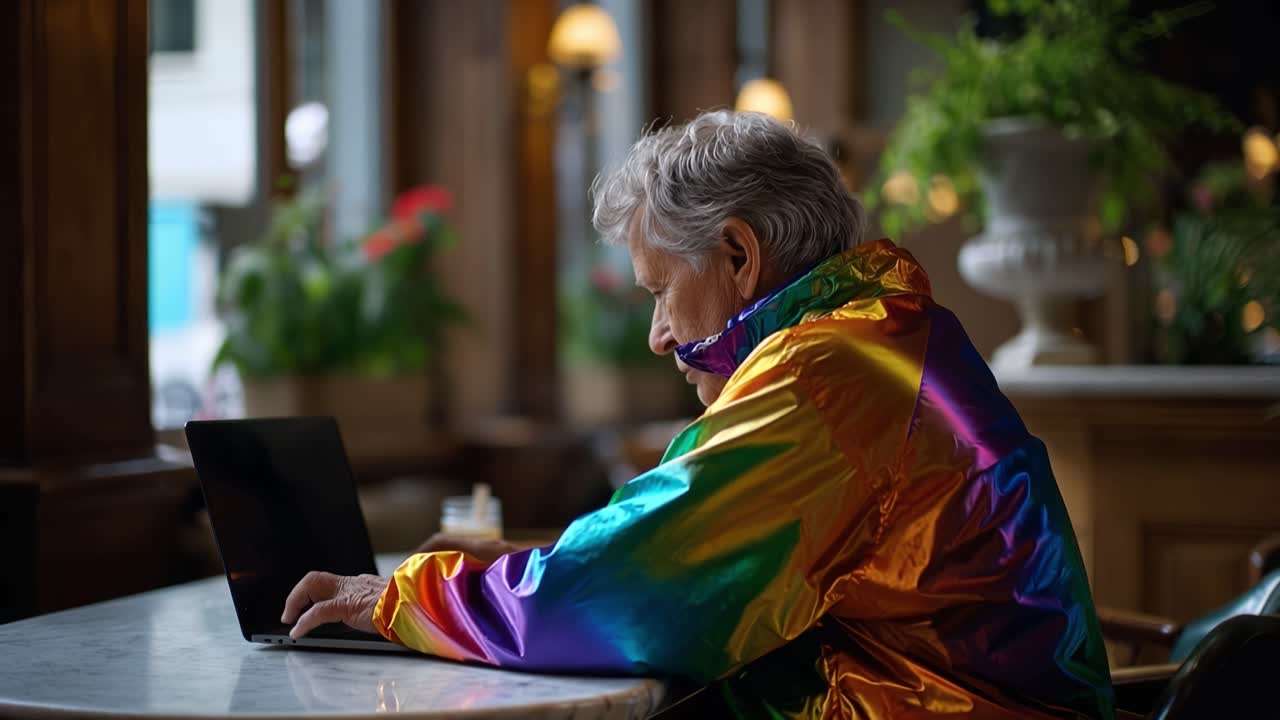 Senior wears rainbow coat while using laptop. Soft lighting highlights calm, focused expression. Scene captures modern, inclusive, tech-savvy aging lifestyle. Ideal for themes of diversity