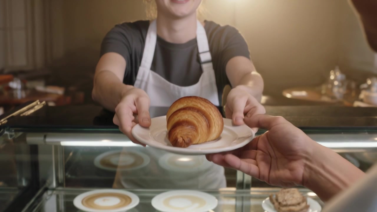 Handing barista wearing apron at counter, prompted by customer leaning, offering croissant on plate