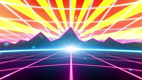 Retro-80s-VHS-tape-video-game-intro-landscape-vector-arcade-wireframe-mountains