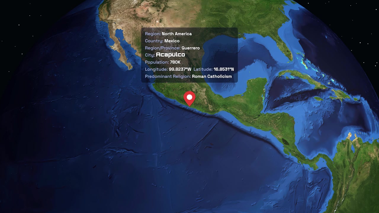 Digital globe rotates and zooms from space into Acapulco Mexico with data overlay information